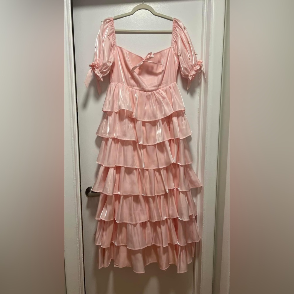 Pink ruffle tiered slit maxi dress